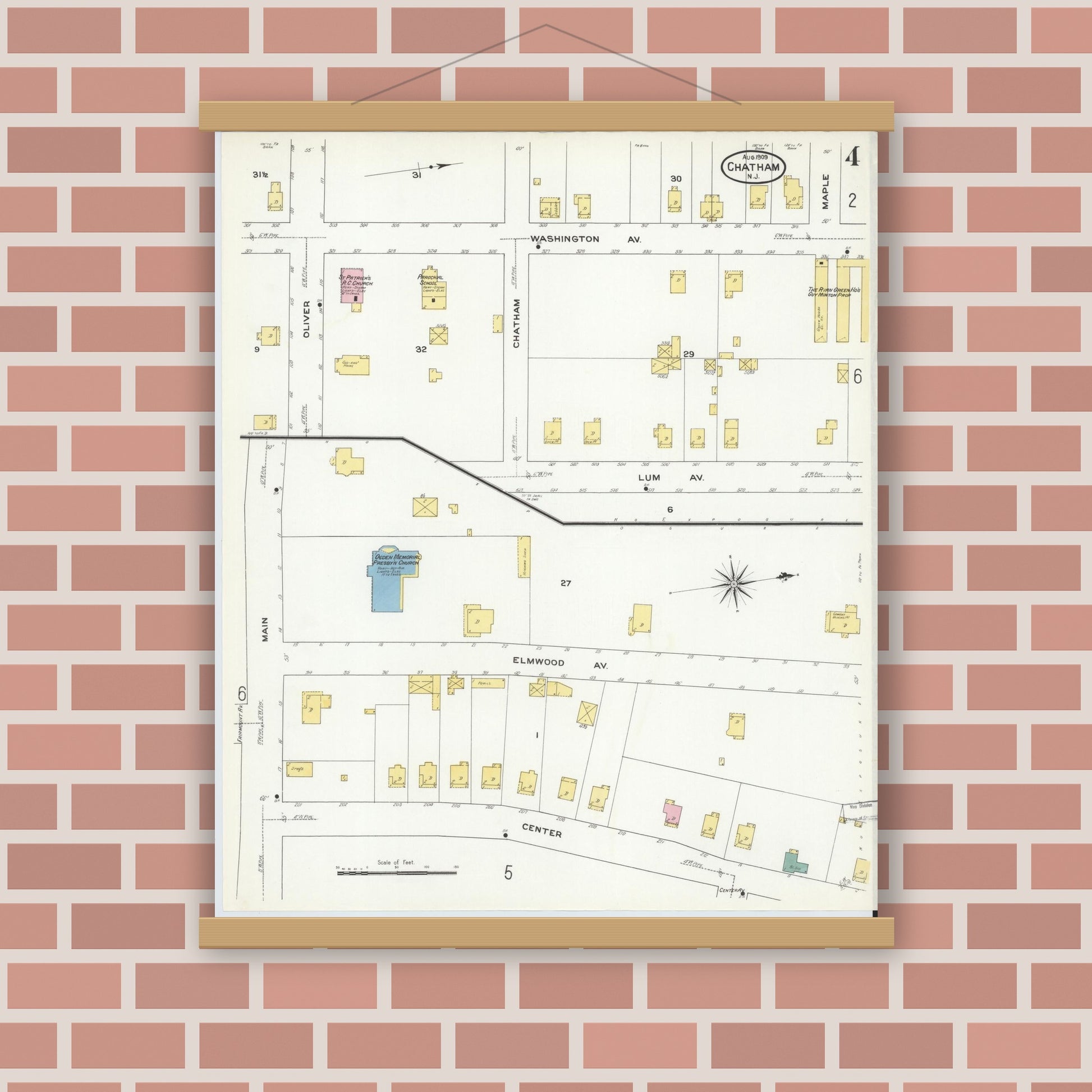 Old map wall art mockup — magnetic wood frame on brick wall — Sanborn Fire Insurance Map from Chatham, Morris County, New Jersey (1909), Sheet #0004