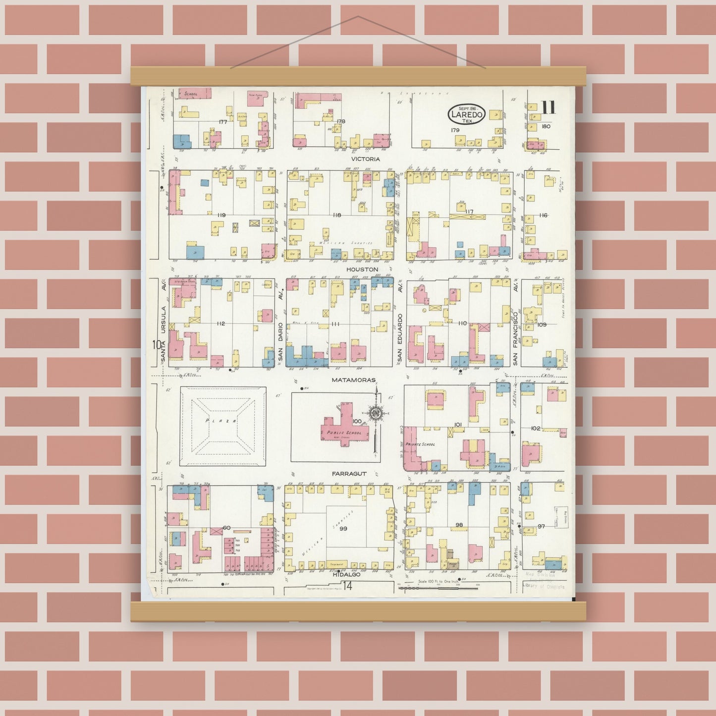 Old map wall art mockup — magnetic wood frame on brick wall — Sanborn Fire Insurance Map from Laredo, Webb County, Texas (1916), Sheet #0011