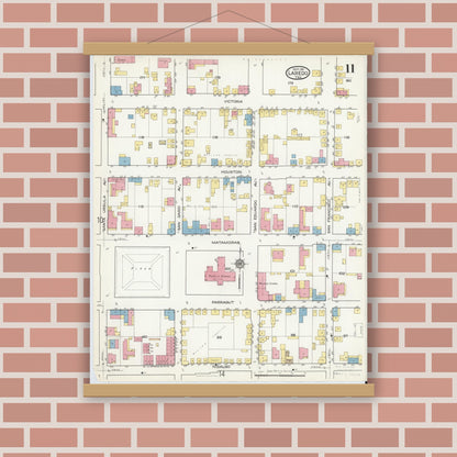 Old map wall art mockup — magnetic wood frame on brick wall — Sanborn Fire Insurance Map from Laredo, Webb County, Texas (1916), Sheet #0011