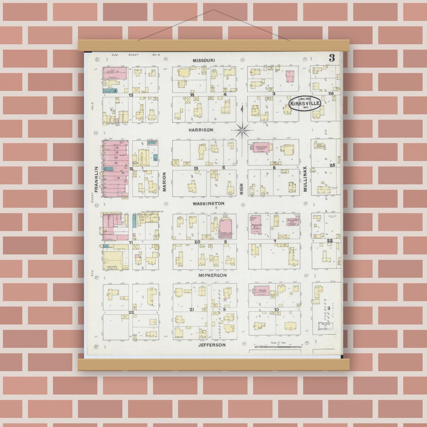 Old map wall art mockup — magnetic wood frame on brick wall — Sanborn Fire Insurance Map from Kirksville, Adair County, Missouri (1891), Sheet #0003