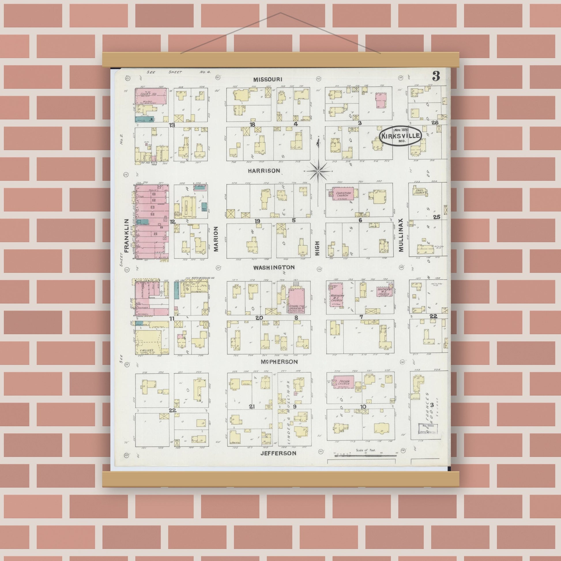 Old map wall art mockup — magnetic wood frame on brick wall — Sanborn Fire Insurance Map from Kirksville, Adair County, Missouri (1891), Sheet #0003