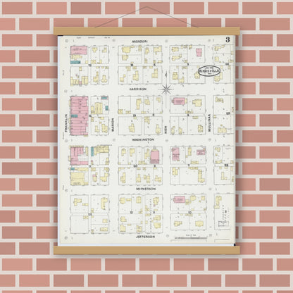 Old map wall art mockup — magnetic wood frame on brick wall — Sanborn Fire Insurance Map from Kirksville, Adair County, Missouri (1891), Sheet #0003