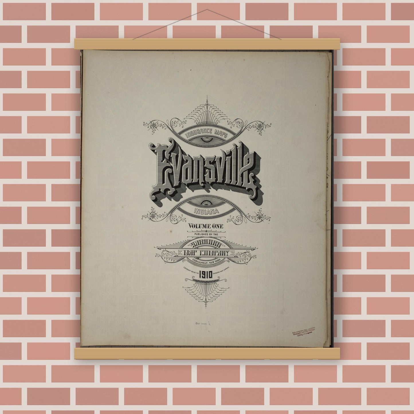 Old map wall art mockup — magnetic wood frame on brick wall — Sanborn Fire Insurance Map from Evansville, Vanderburgh County, Indiana (1910), Sheet #0001
