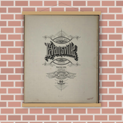 Old map wall art mockup — magnetic wood frame on brick wall — Sanborn Fire Insurance Map from Evansville, Vanderburgh County, Indiana (1910), Sheet #0001