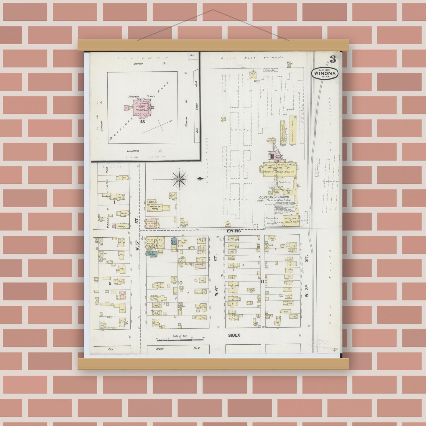 Old map wall art mockup — magnetic wood frame on brick wall — Sanborn Fire Insurance Map from Winona, Winona County, Minnesota (1889), Sheet #0003