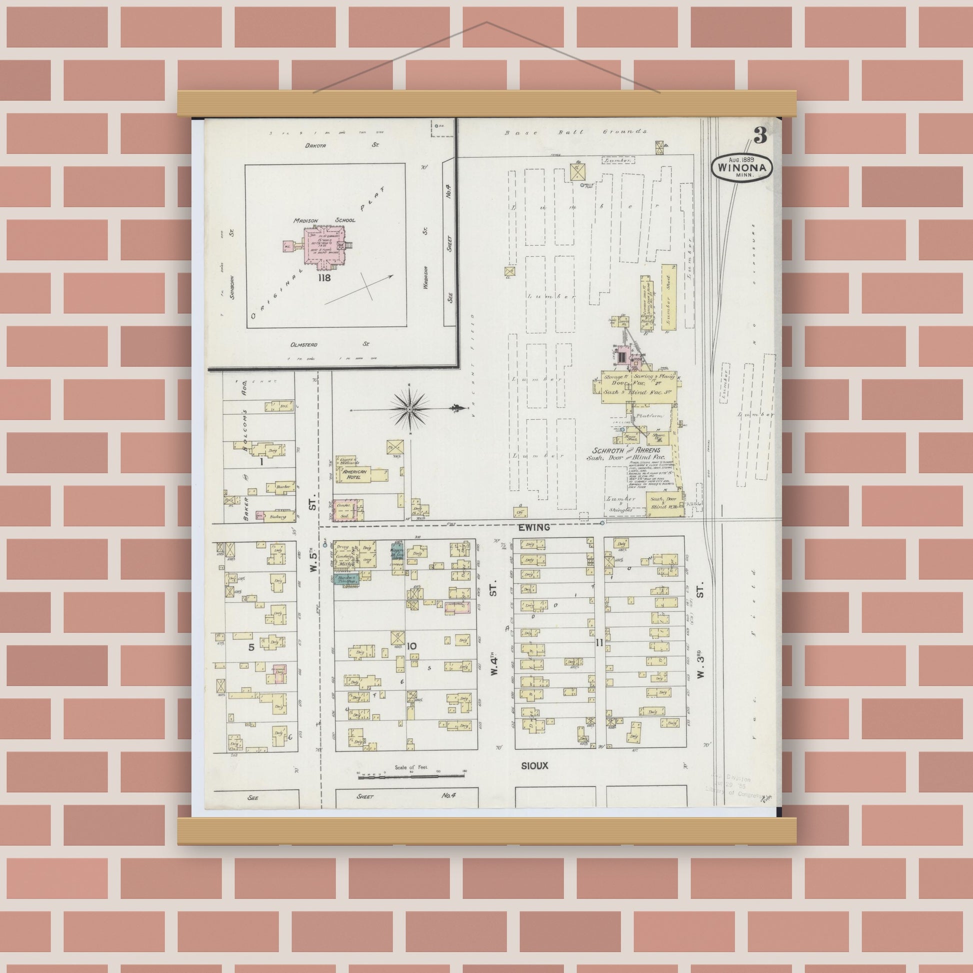 Old map wall art mockup — magnetic wood frame on brick wall — Sanborn Fire Insurance Map from Winona, Winona County, Minnesota (1889), Sheet #0003
