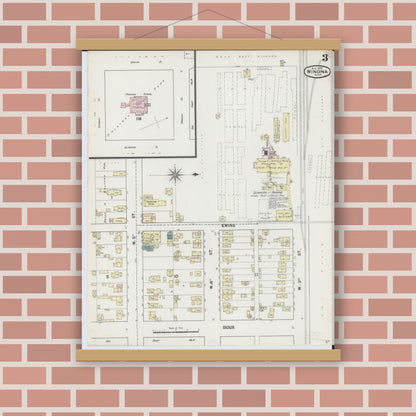 Old map wall art mockup — magnetic wood frame on brick wall — Sanborn Fire Insurance Map from Winona, Winona County, Minnesota (1889), Sheet #0003