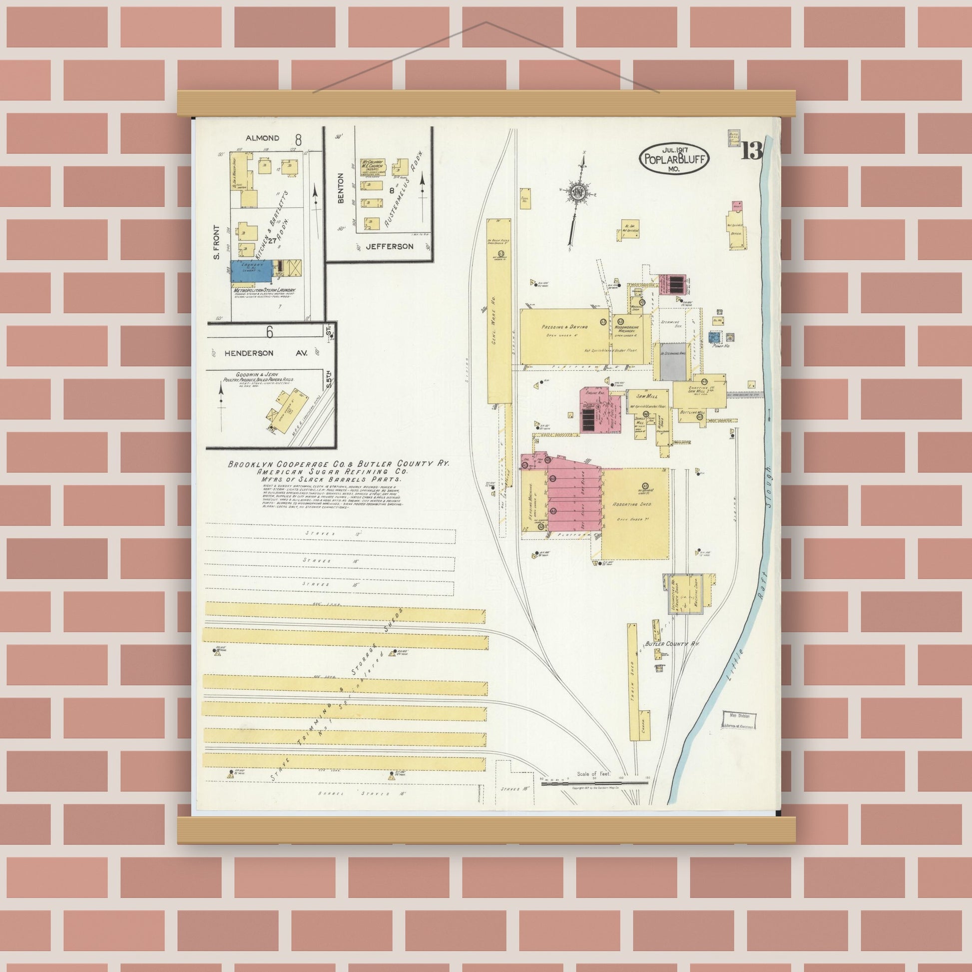 Old map wall art mockup — magnetic wood frame on brick wall — Sanborn Fire Insurance Map from Poplar Bluff, Butler County, Missouri (1917), Sheet #0013