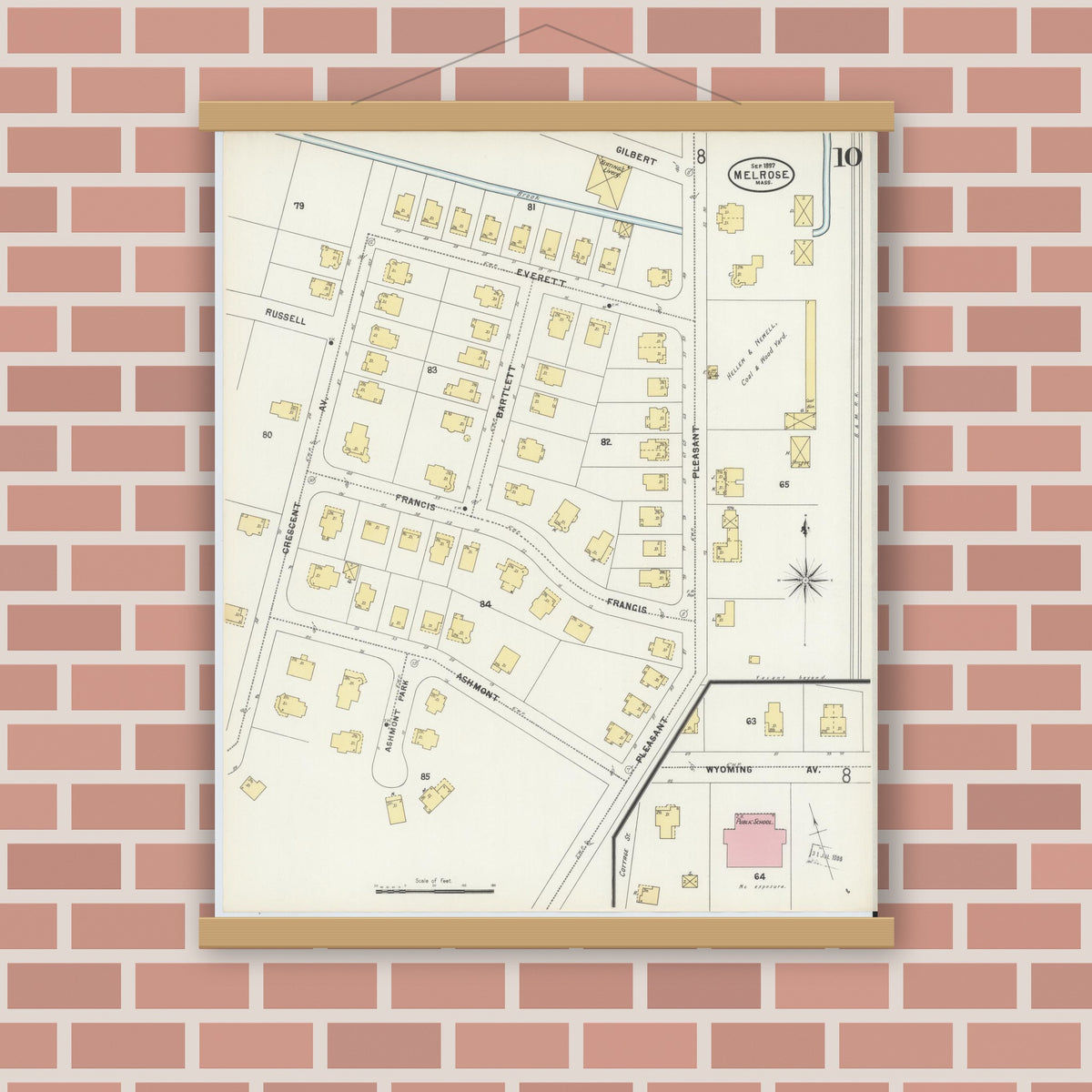Old map wall art mockup — magnetic wood frame on brick wall — Sanborn Fire Insurance Map from Melrose, Middlesex County, Massachusetts (1897), Sheet #0010
