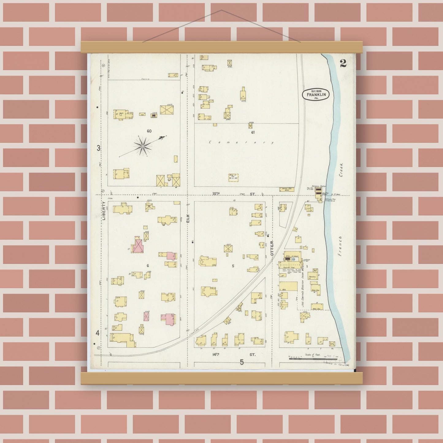 Old map wall art mockup — magnetic wood frame on brick wall — Sanborn Fire Insurance Map from Franklin, Venango County, Pennsylvania (1896), Sheet #0002