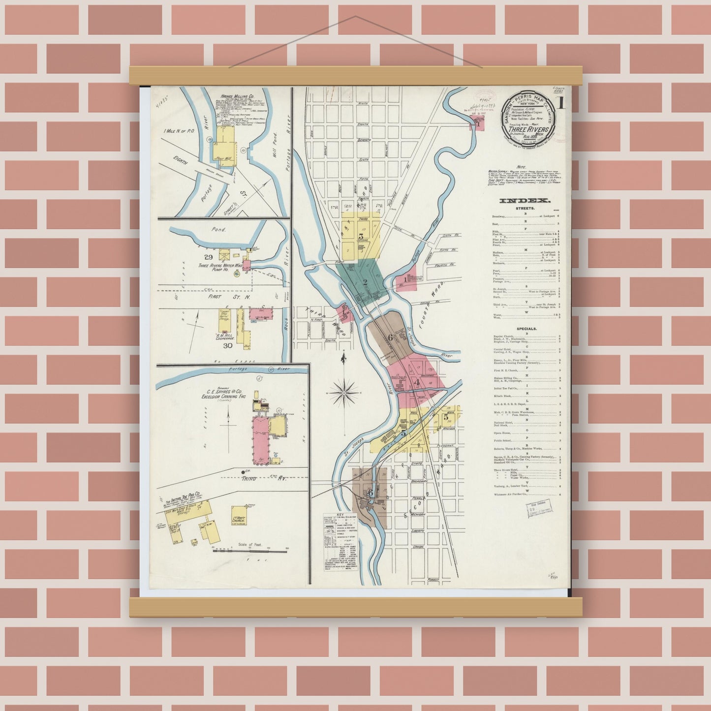 Old map wall art mockup — magnetic wood frame on brick wall — Sanborn Fire Insurance Map from Three Rivers, Saint Joseph County, Michigan (1893), Sheet #0001