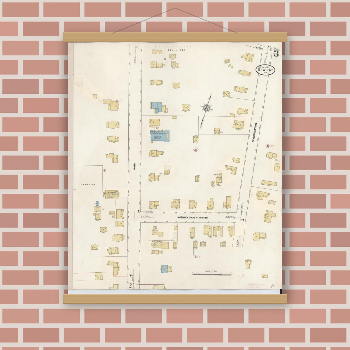Old map wall art mockup — magnetic wood frame on brick wall — Sanborn Fire Insurance Map from Newport, Herkimer County, New York (1938), Sheet #0003