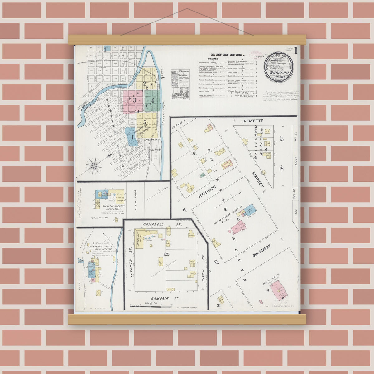 Old map wall art mockup — magnetic wood frame on brick wall — Sanborn Fire Insurance Map from Wabasha, Wabasha County, Minnesota (1890), Sheet #0001