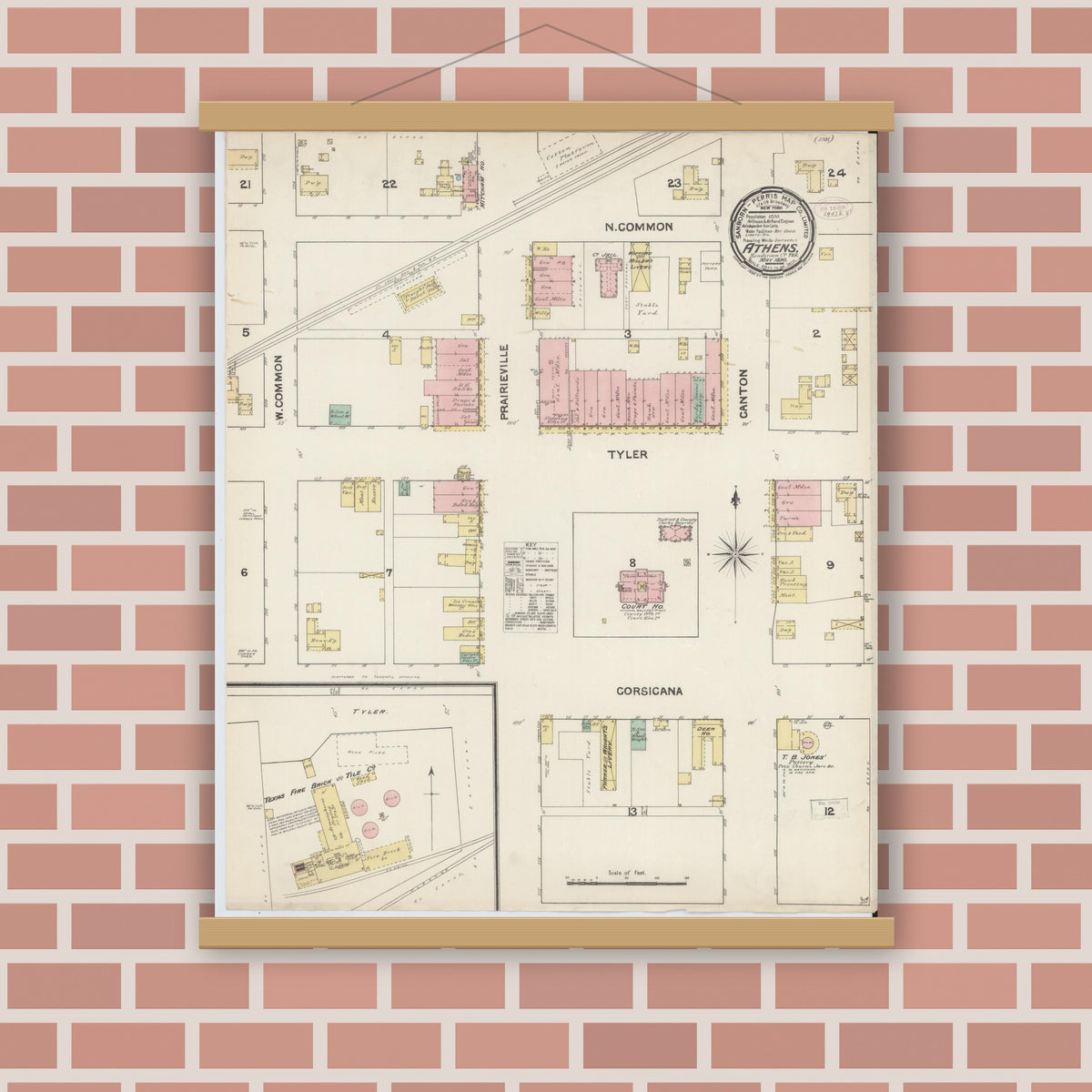 Old map wall art mockup — magnetic wood frame on brick wall — Sanborn Fire Insurance Map from Athens, Henderson County, Texas (1890), Sheet #0001
