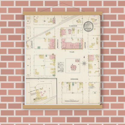 Old map wall art mockup — magnetic wood frame on brick wall — Sanborn Fire Insurance Map from Athens, Henderson County, Texas (1890), Sheet #0001