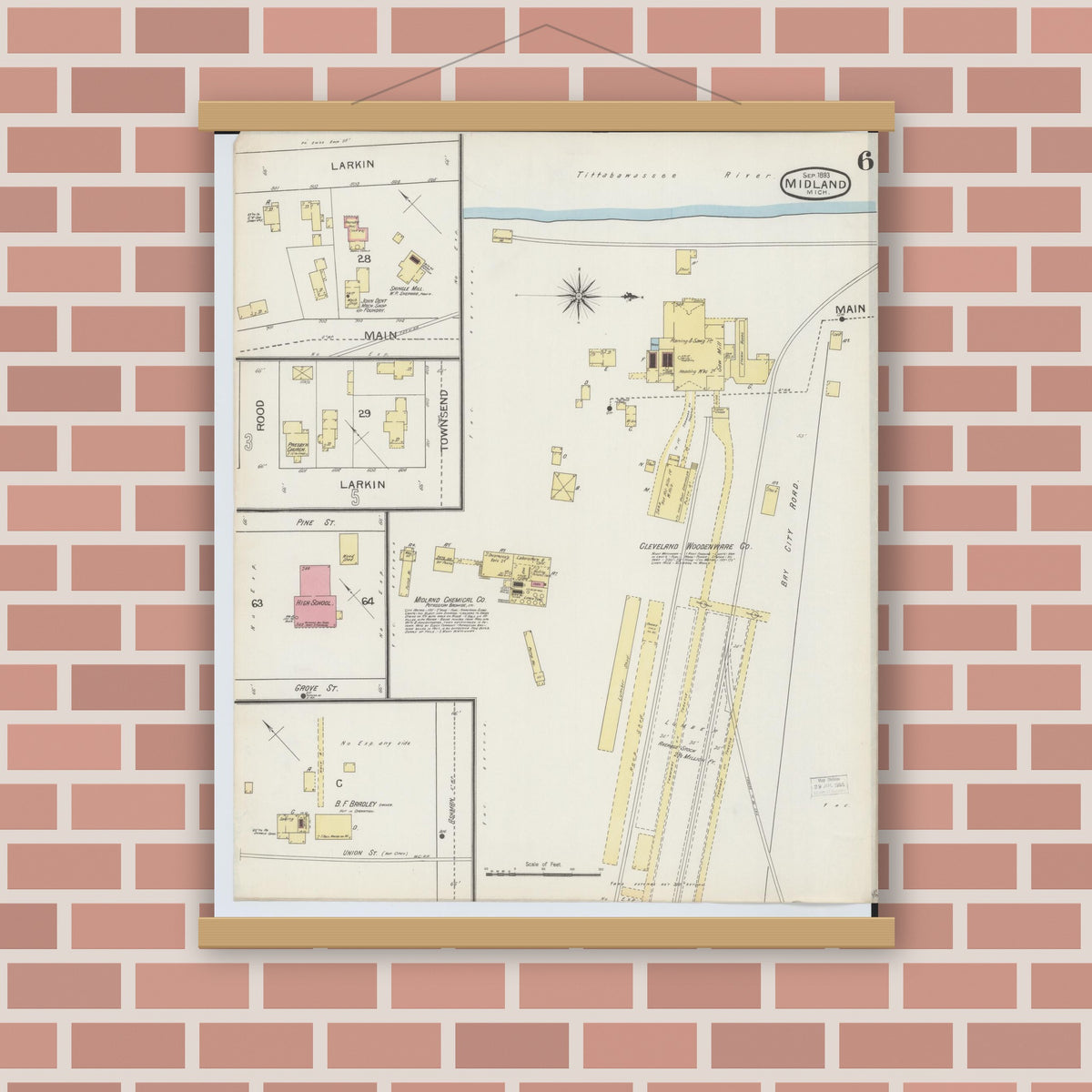Old map wall art mockup — magnetic wood frame on brick wall — Sanborn Fire Insurance Map from Midland, Midland County, Michigan (1893), Sheet #0006