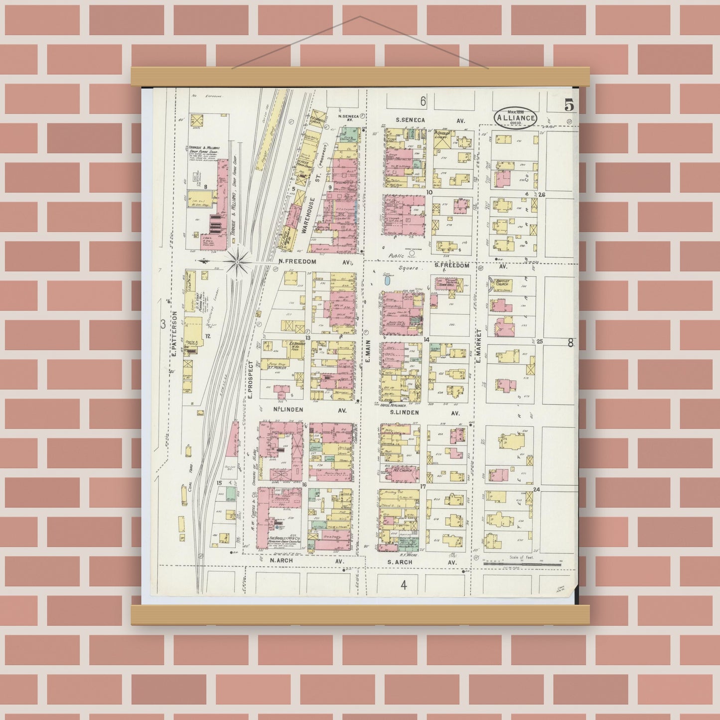 Old map wall art mockup — magnetic wood frame on brick wall — Sanborn Fire Insurance Map from Alliance, Stark County, Ohio (1898), Sheet #0005