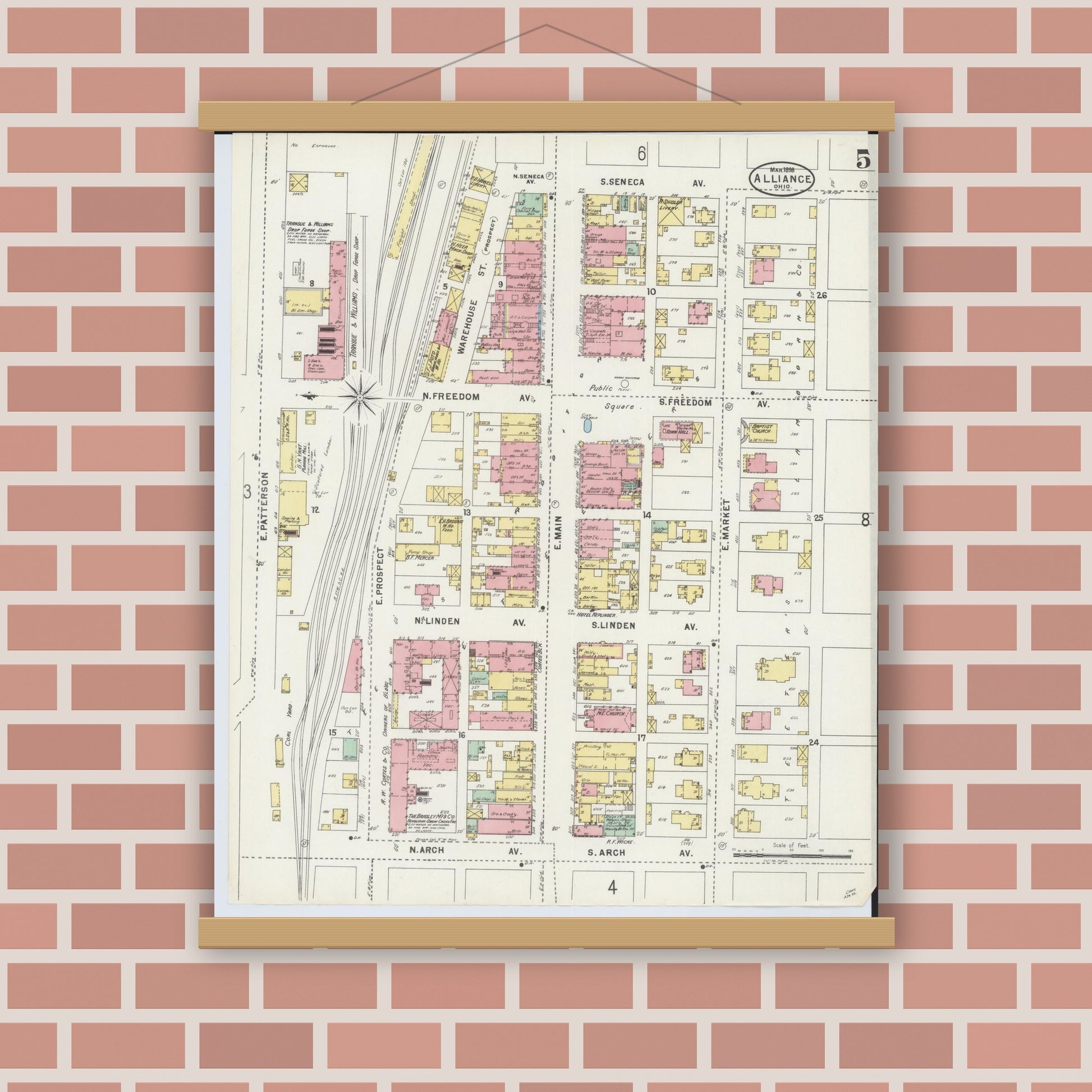 Old map wall art mockup — magnetic wood frame on brick wall — Sanborn Fire Insurance Map from Alliance, Stark County, Ohio (1898), Sheet #0005