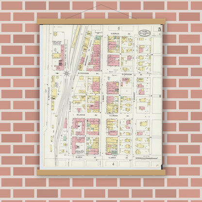 Old map wall art mockup — magnetic wood frame on brick wall — Sanborn Fire Insurance Map from Alliance, Stark County, Ohio (1898), Sheet #0005
