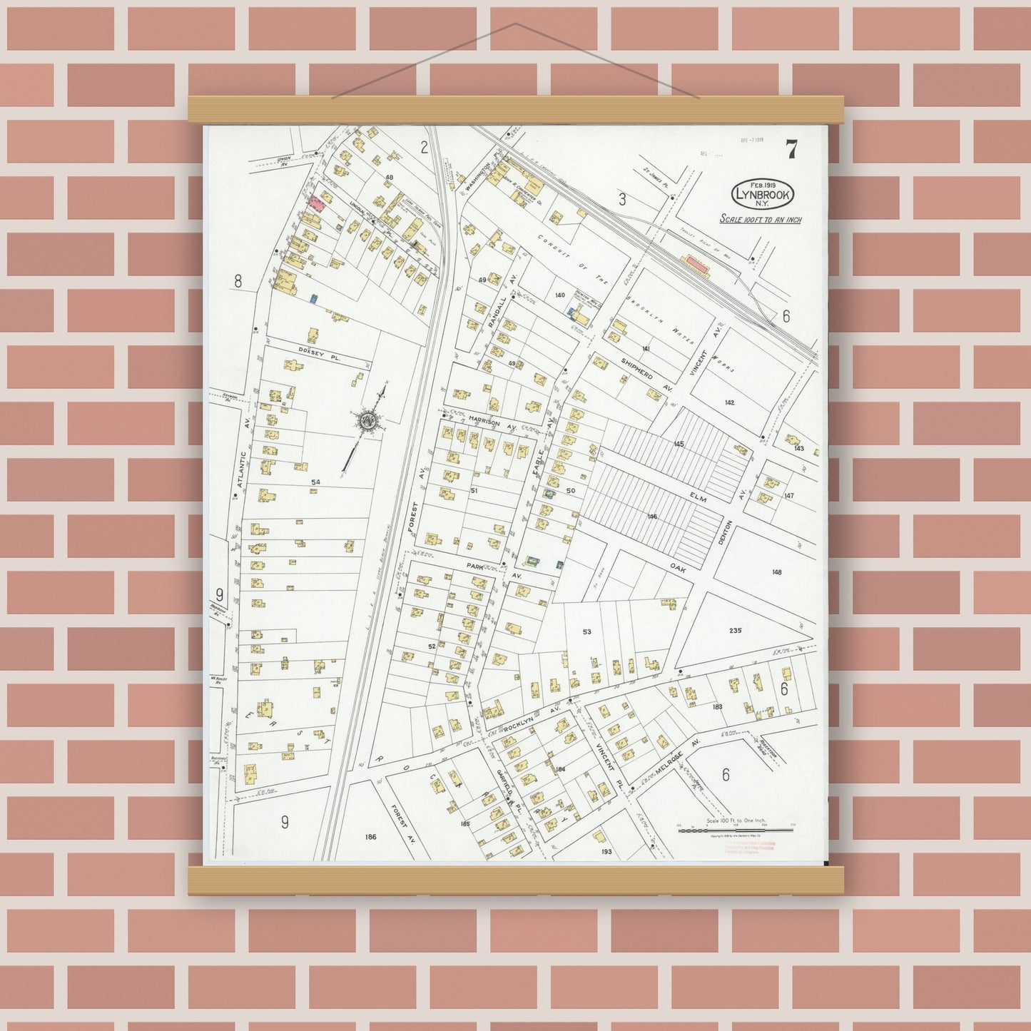 Old map wall art mockup — magnetic wood frame on brick wall — Sanborn Fire Insurance Map from Lynbrook, Nassau County, New York (1919), Sheet #0007