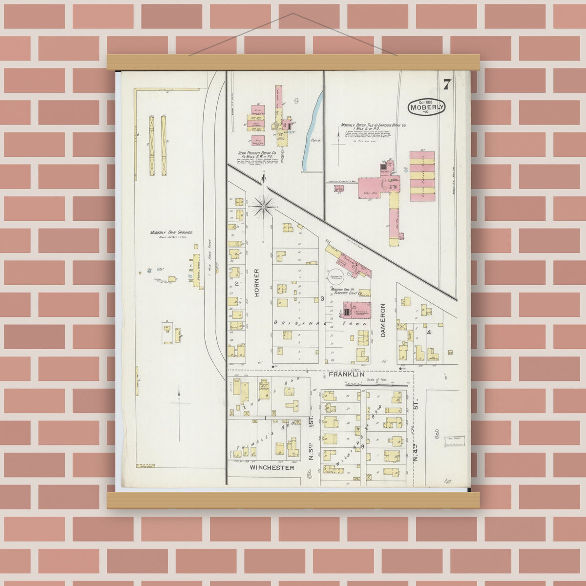 Old map wall art mockup — magnetic wood frame on brick wall — Sanborn Fire Insurance Map from Moberly, Randolph County, Missouri (1893), Sheet #0007