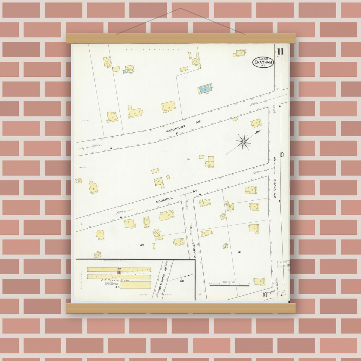 Old map wall art mockup — magnetic wood frame on brick wall — Sanborn Fire Insurance Map from Chatham, Morris County, New Jersey (1909), Sheet #0011