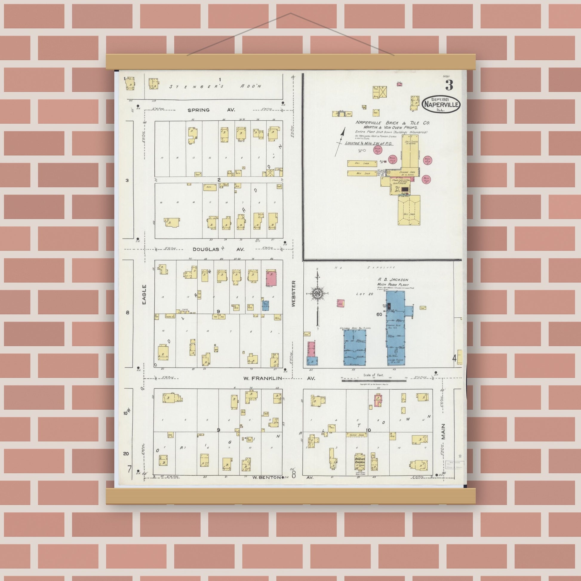 Old map wall art mockup — magnetic wood frame on brick wall — Sanborn Fire Insurance Map from Naperville, Du Page County, Illinois (1921), Sheet #0003