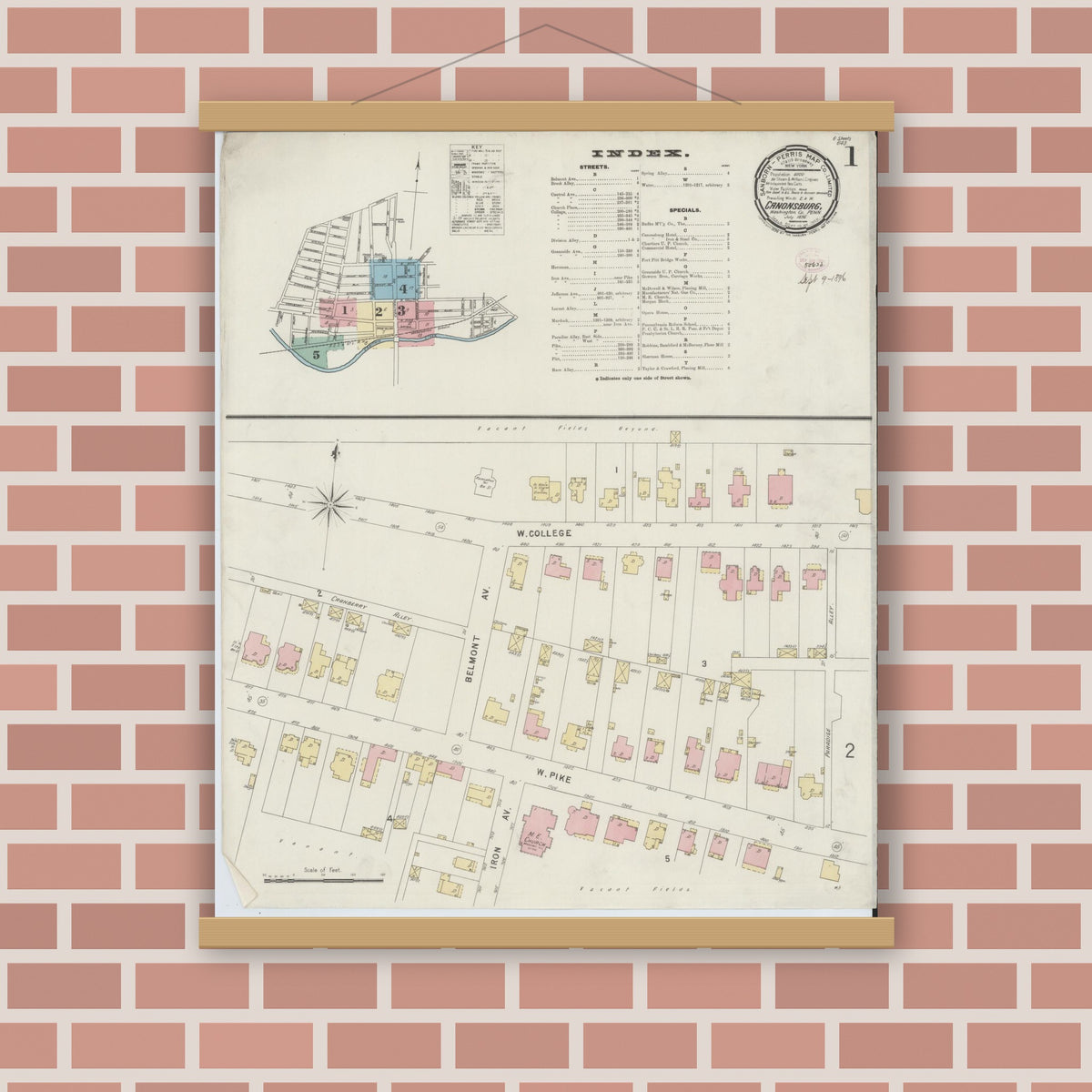 Old map wall art mockup — magnetic wood frame on brick wall — Sanborn Fire Insurance Map from Canonsburg, Washington County, Pennsylvania (1896) - Complete Map Set