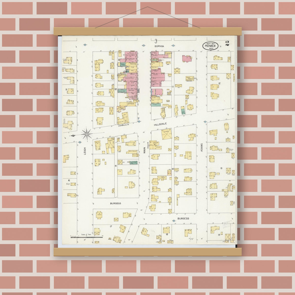 Old map wall art mockup — magnetic wood frame on brick wall — Sanborn Fire Insurance Map from Homer, Calhoun County, Michigan (1907), Sheet #0002