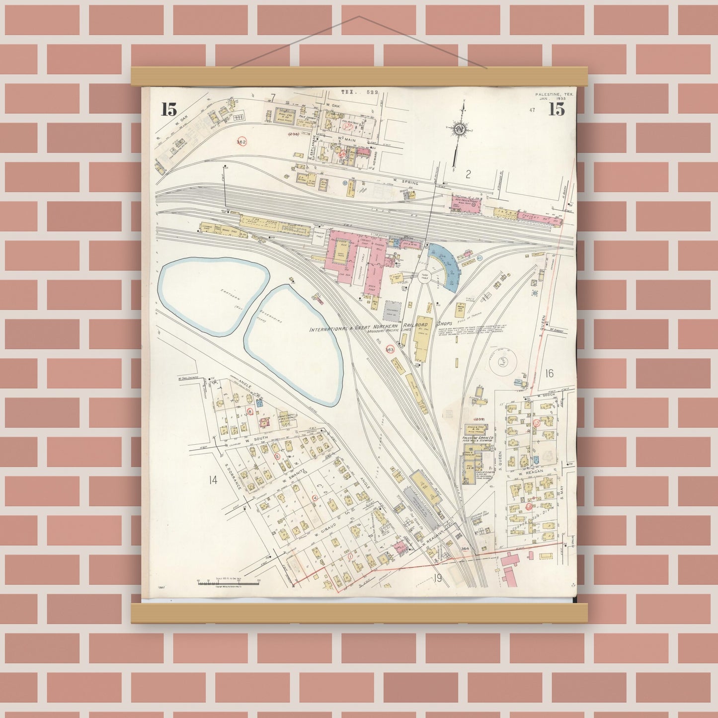 Old map wall art mockup — magnetic wood frame on brick wall — Sanborn Fire Insurance Map from Palestine, Anderson County, Texas (1949), Sheet #0015