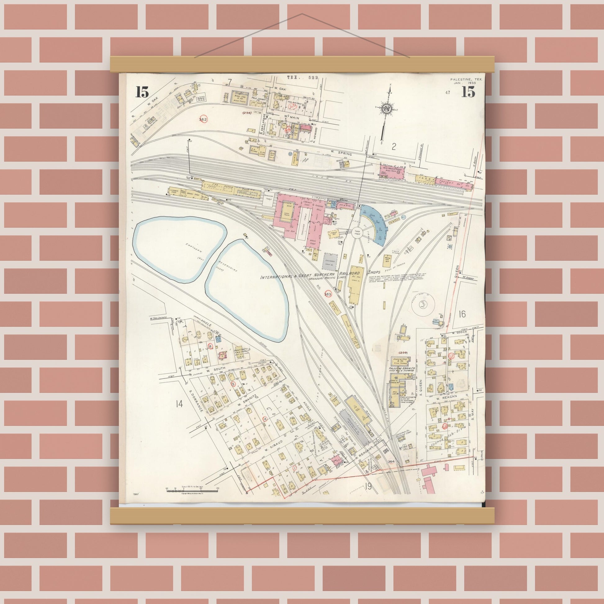Old map wall art mockup — magnetic wood frame on brick wall — Sanborn Fire Insurance Map from Palestine, Anderson County, Texas (1949), Sheet #0015