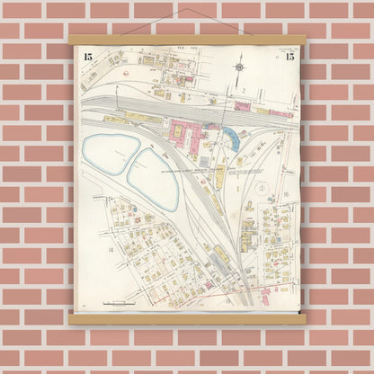 Old map wall art mockup — magnetic wood frame on brick wall — Sanborn Fire Insurance Map from Palestine, Anderson County, Texas (1949), Sheet #0015