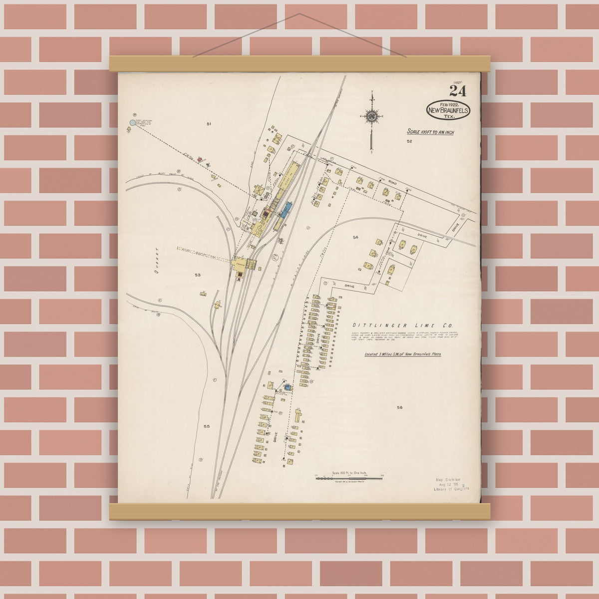 Old map wall art mockup — magnetic wood frame on brick wall — Sanborn Fire Insurance Map from New Braunfels, Comal County, Texas (1922), Sheet #0024