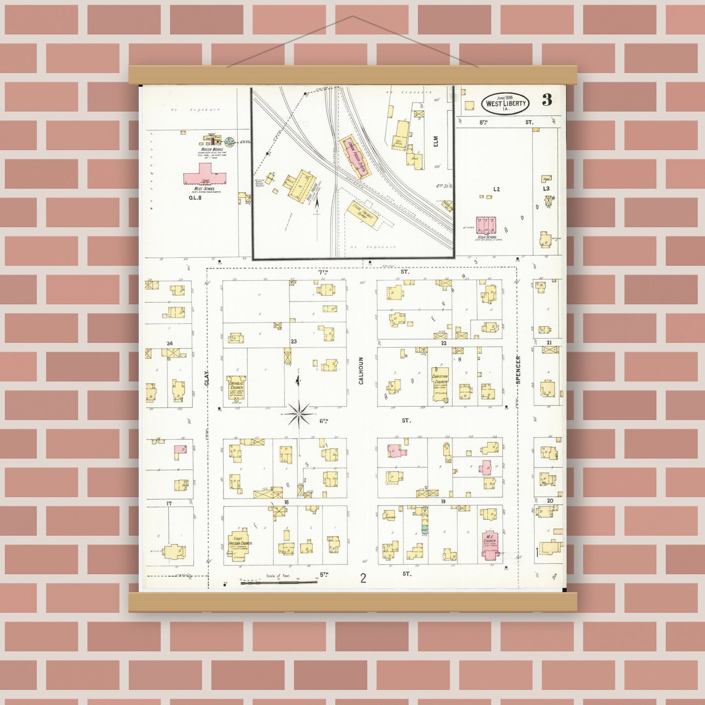 Old map wall art mockup — magnetic wood frame on brick wall — Sanborn Fire Insurance Map from West Liberty, Muscatine County, Iowa (1899), Sheet #0003