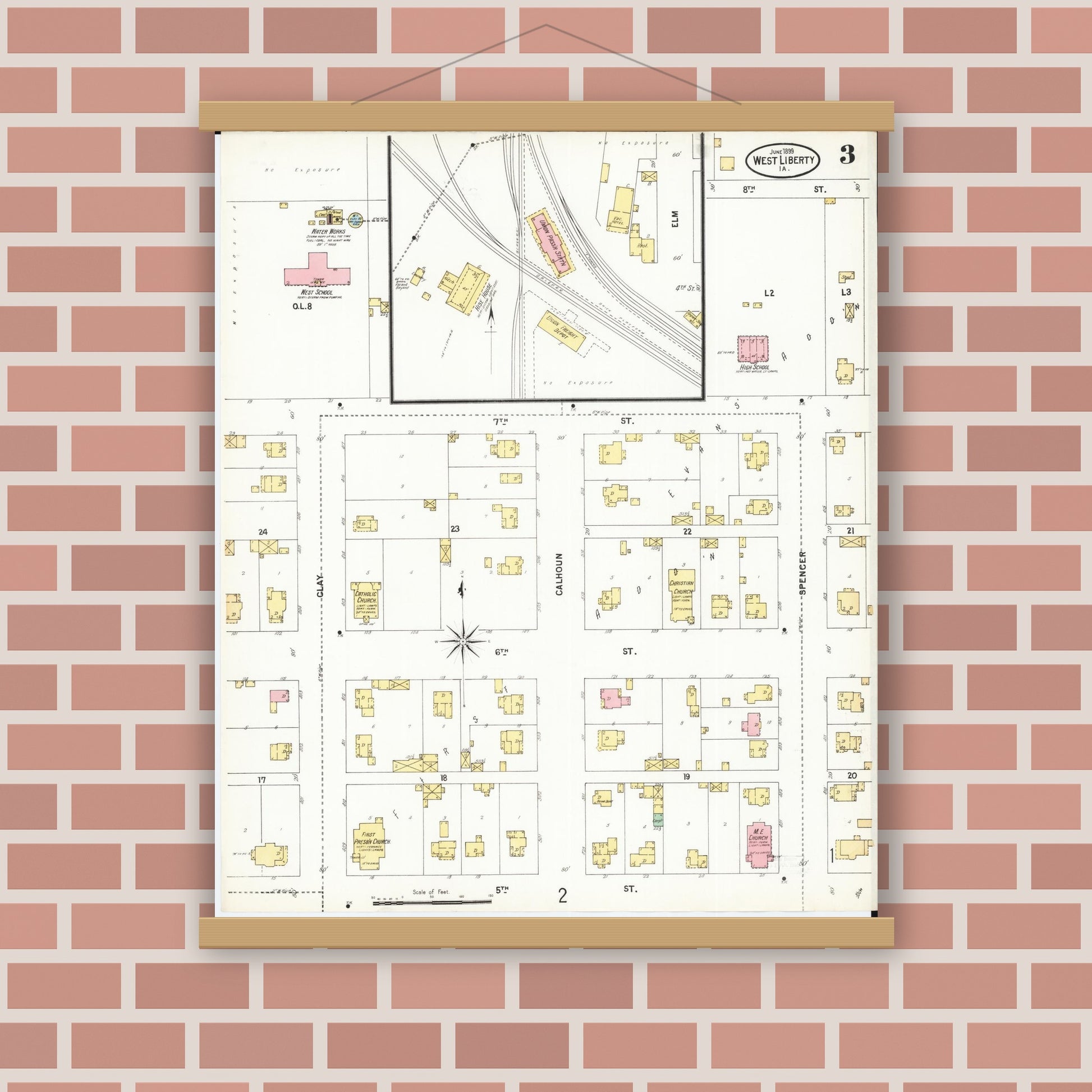 Old map wall art mockup — magnetic wood frame on brick wall — Sanborn Fire Insurance Map from West Liberty, Muscatine County, Iowa (1899), Sheet #0003