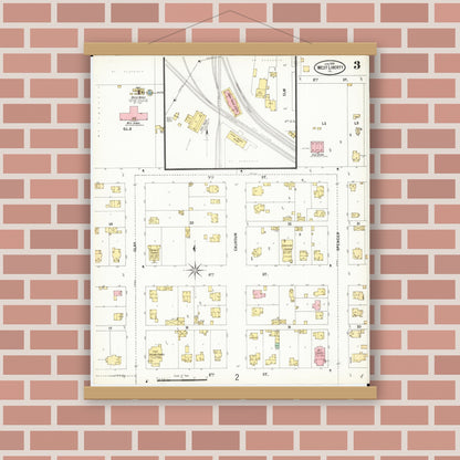 Old map wall art mockup — magnetic wood frame on brick wall — Sanborn Fire Insurance Map from West Liberty, Muscatine County, Iowa (1899), Sheet #0003
