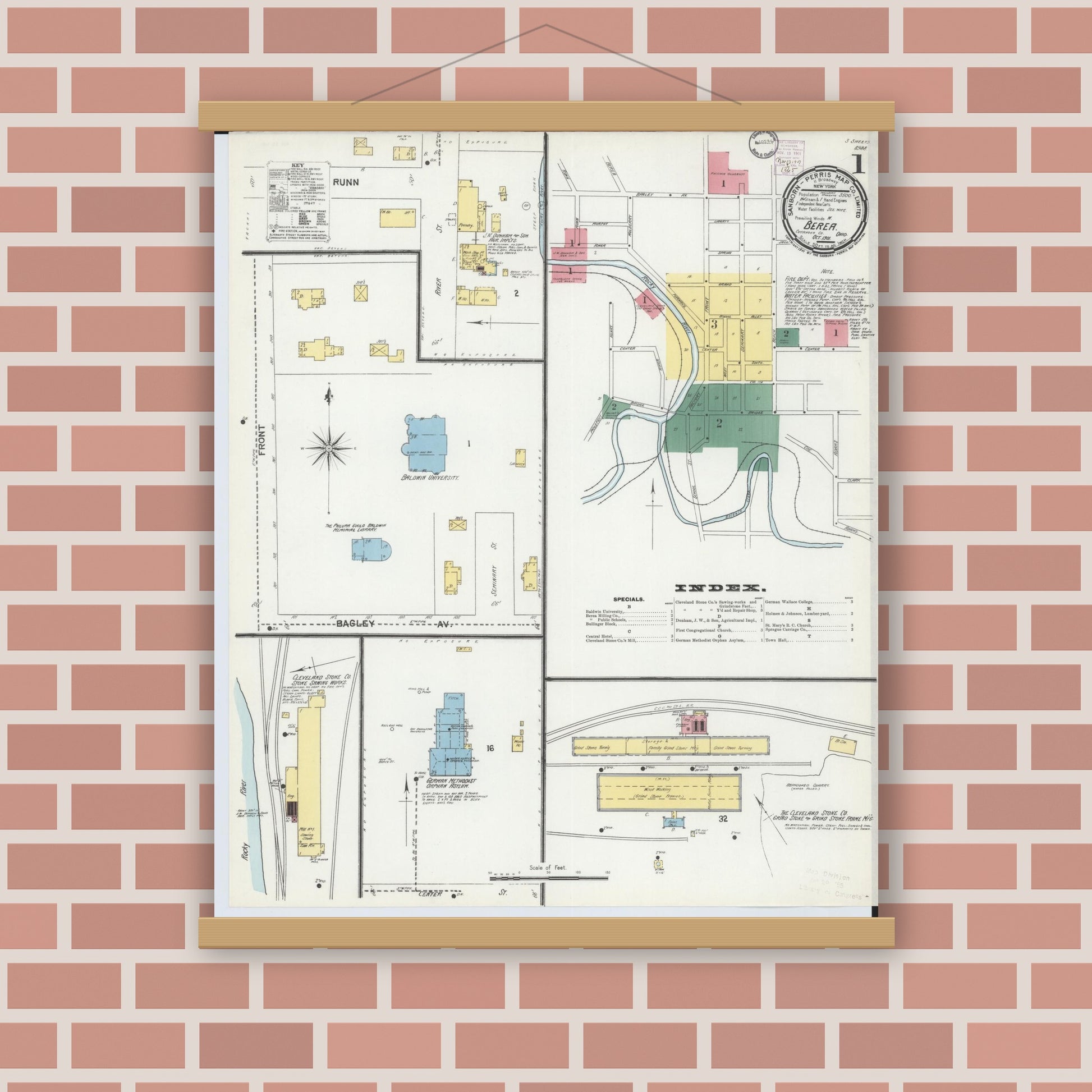 Old map wall art mockup — magnetic wood frame on brick wall — Sanborn Fire Insurance Map from Berea, Cuyahoga County, Ohio (1901) - Complete Map Set