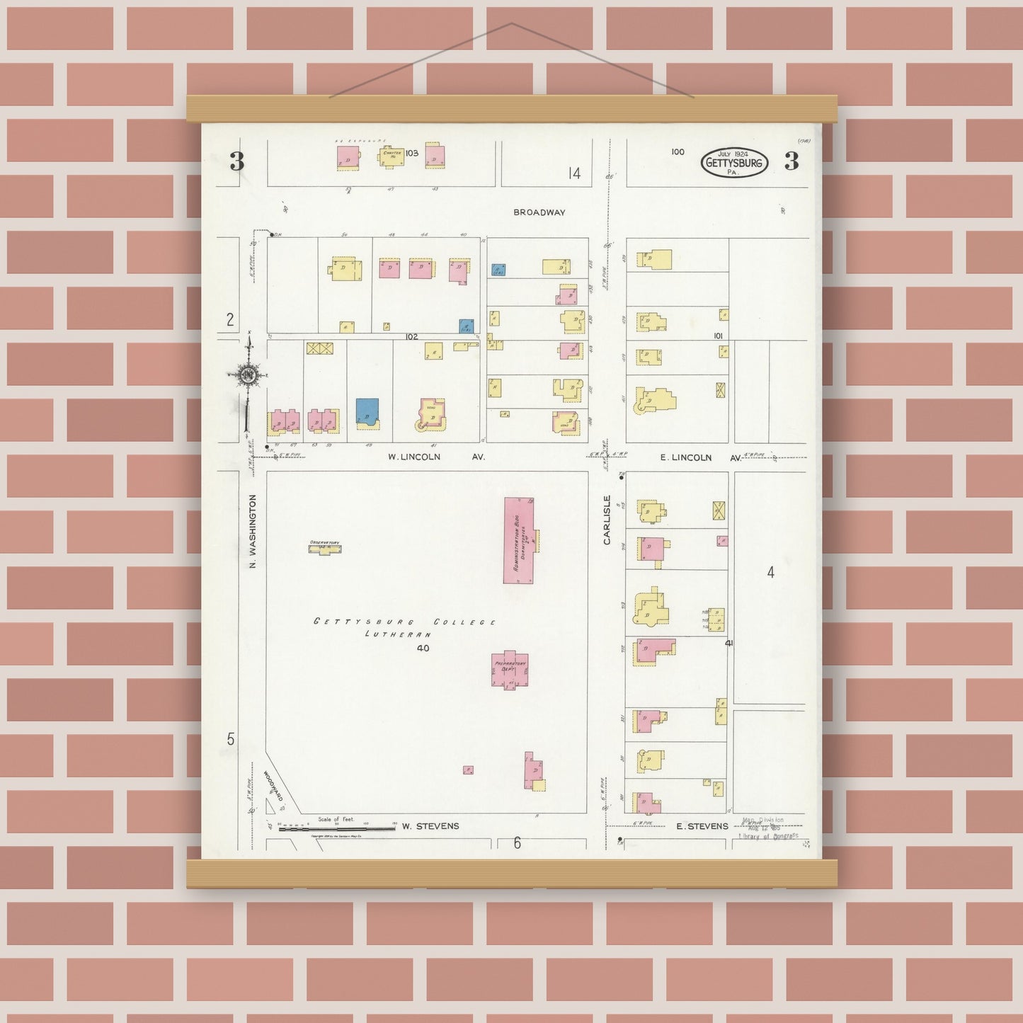 Old map wall art mockup — magnetic wood frame on brick wall — Sanborn Fire Insurance Map from Gettysburg, Adams County, Pennsylvania (1924), Sheet #0003