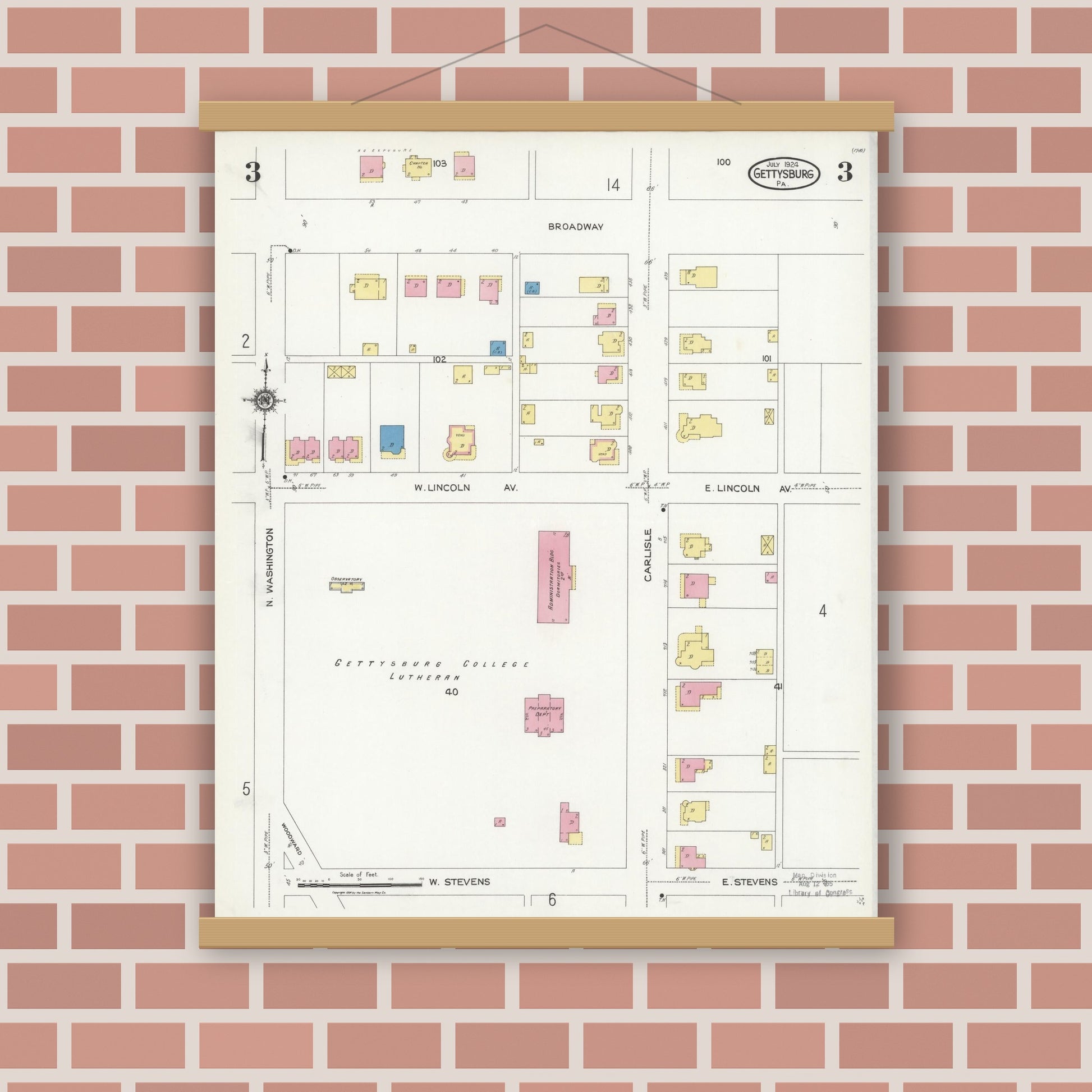 Old map wall art mockup — magnetic wood frame on brick wall — Sanborn Fire Insurance Map from Gettysburg, Adams County, Pennsylvania (1924), Sheet #0003