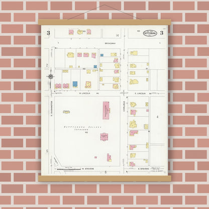 Old map wall art mockup — magnetic wood frame on brick wall — Sanborn Fire Insurance Map from Gettysburg, Adams County, Pennsylvania (1924), Sheet #0003