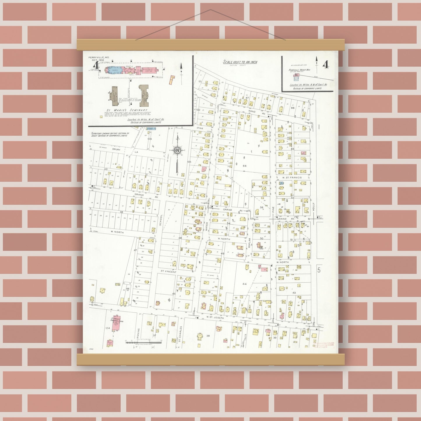Old map wall art mockup — magnetic wood frame on brick wall — Sanborn Fire Insurance Map from Perryville, Perry County, Missouri (1938), Sheet #0004