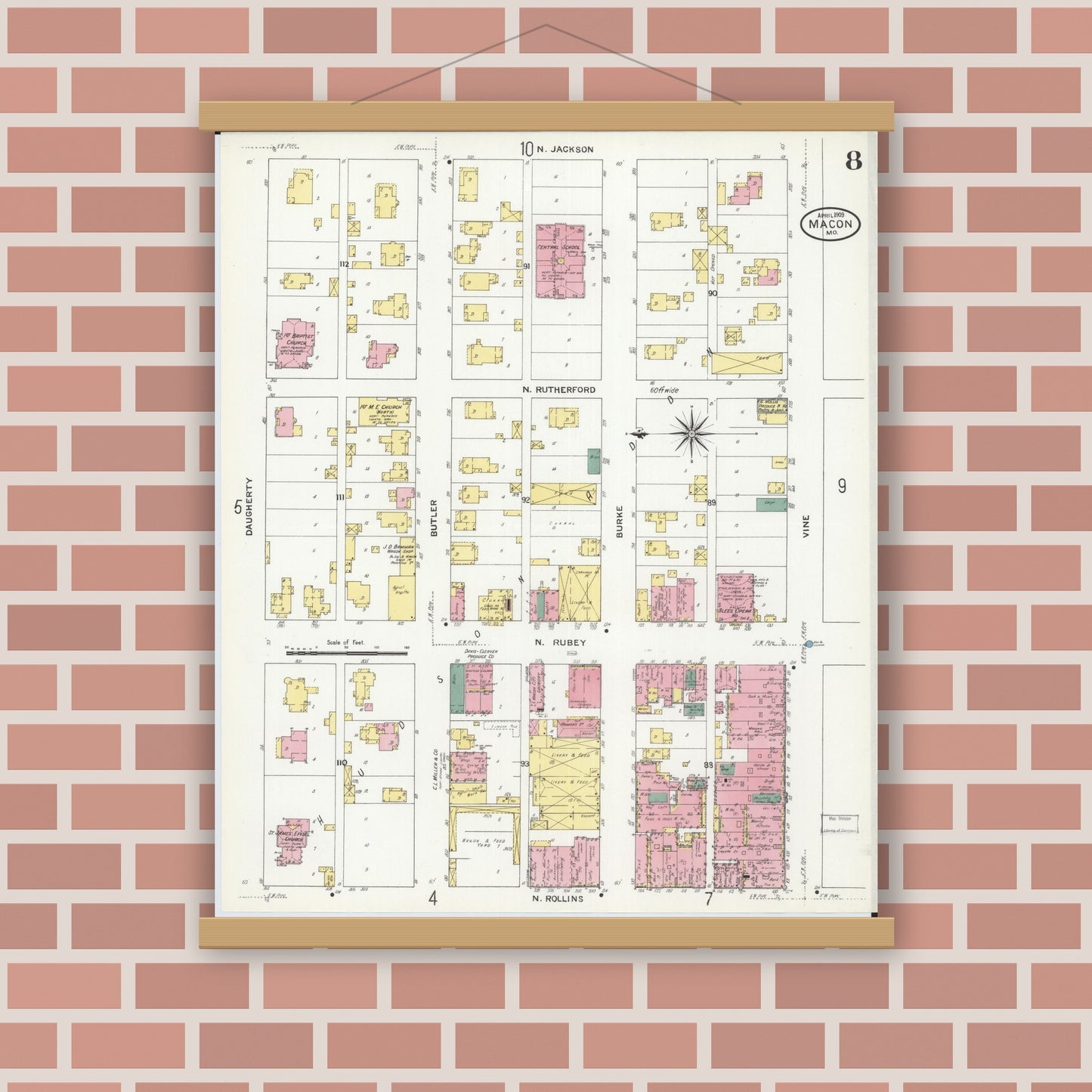 Old map wall art mockup — magnetic wood frame on brick wall — Sanborn Fire Insurance Map from Macon, Macon County, Missouri (1909), Sheet #0008
