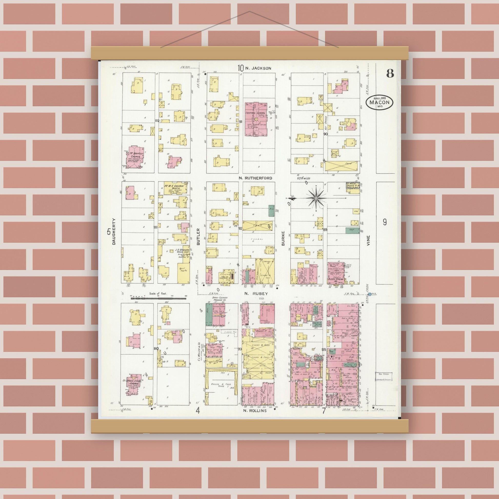 Old map wall art mockup — magnetic wood frame on brick wall — Sanborn Fire Insurance Map from Macon, Macon County, Missouri (1909), Sheet #0008