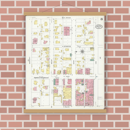 Old map wall art mockup — magnetic wood frame on brick wall — Sanborn Fire Insurance Map from Macon, Macon County, Missouri (1909), Sheet #0008