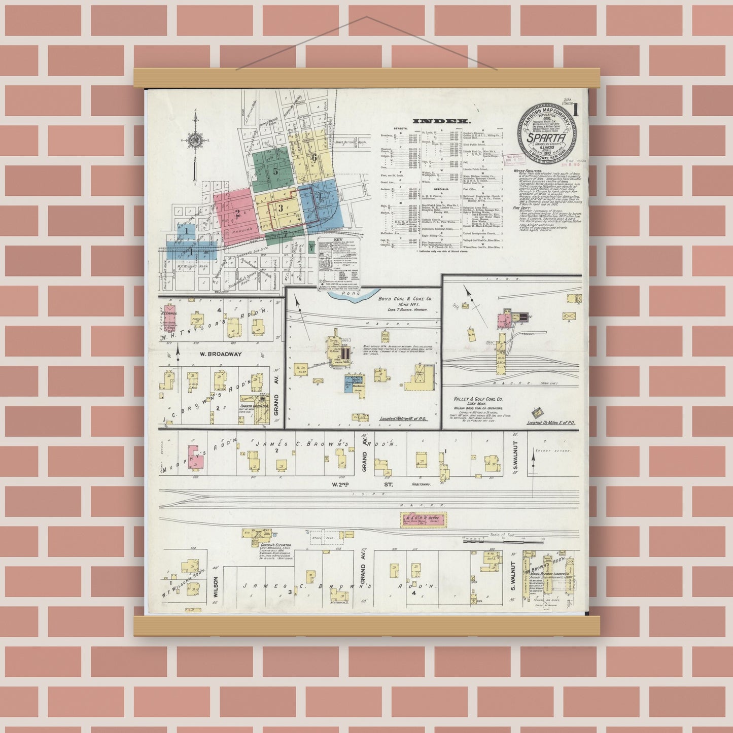 Old map wall art mockup — magnetic wood frame on brick wall — Sanborn Fire Insurance Map from Sparta, Randolph County, Illinois (1910) - Complete Map Set