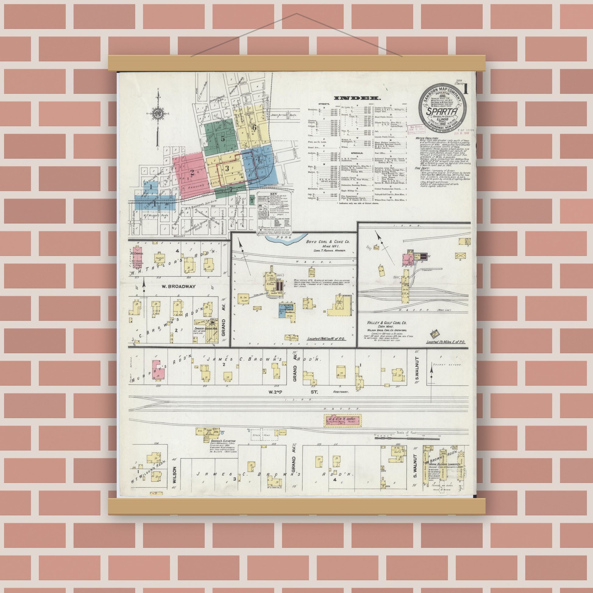 Old map wall art mockup — magnetic wood frame on brick wall — Sanborn Fire Insurance Map from Sparta, Randolph County, Illinois (1910) - Complete Map Set