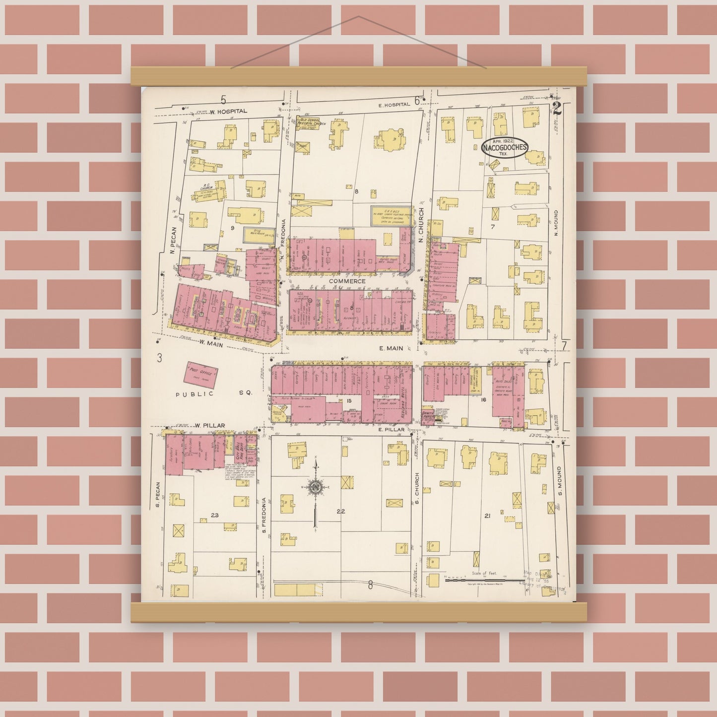 Old map wall art mockup — magnetic wood frame on brick wall — Sanborn Fire Insurance Map from Nacogdoches, Nacogdoches County, Texas (1922), Sheet #0002
