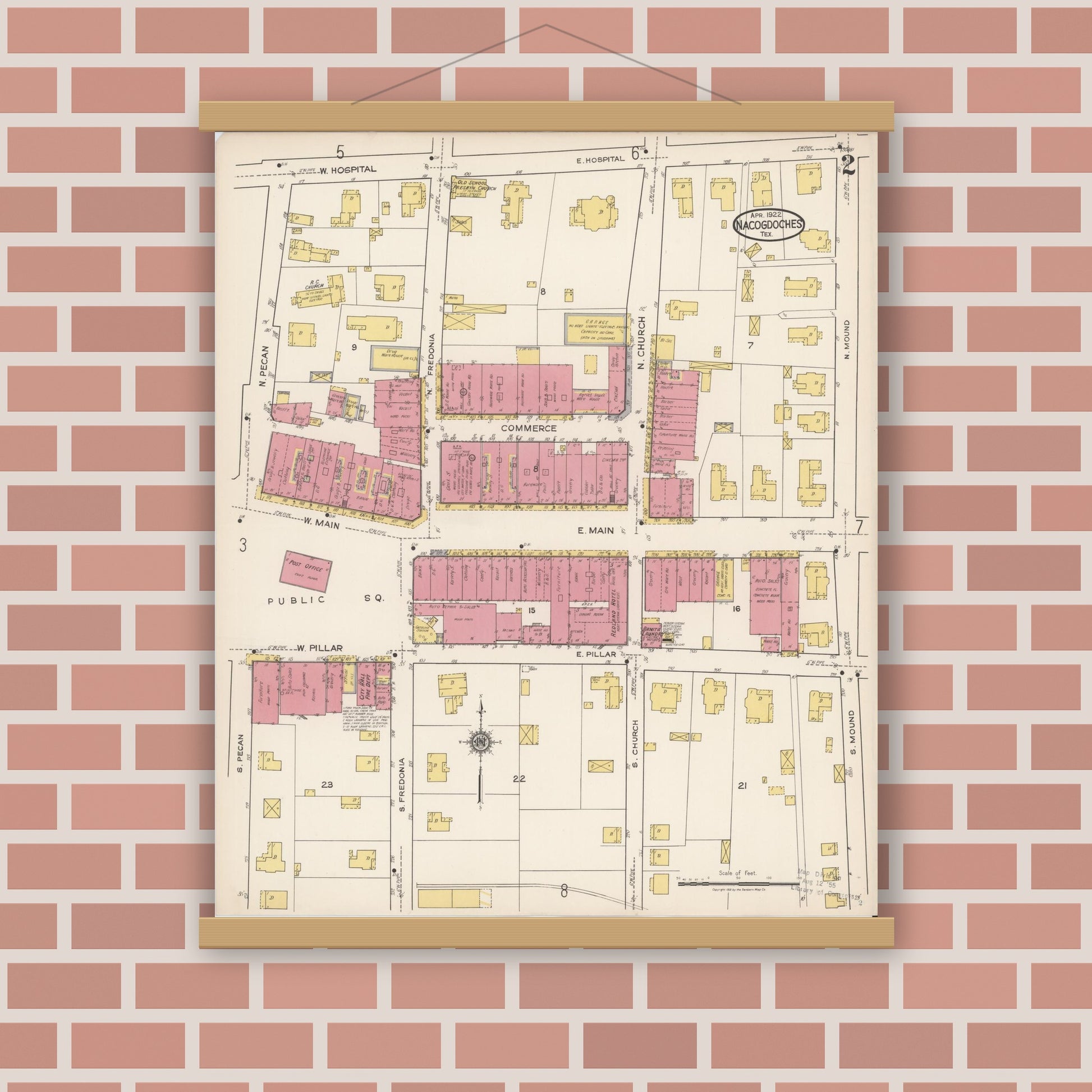 Old map wall art mockup — magnetic wood frame on brick wall — Sanborn Fire Insurance Map from Nacogdoches, Nacogdoches County, Texas (1922), Sheet #0002