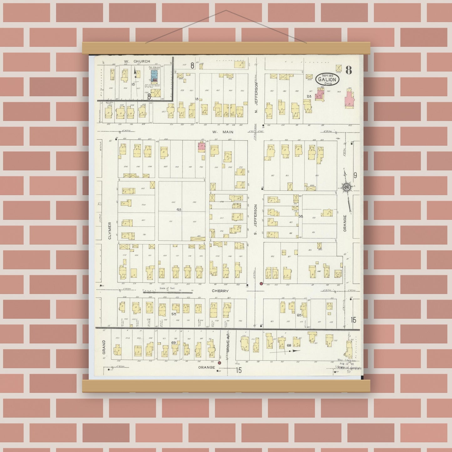 Old map wall art mockup — magnetic wood frame on brick wall — Sanborn Fire Insurance Map from Galion, Crawford County, Ohio (1913), Sheet #0008