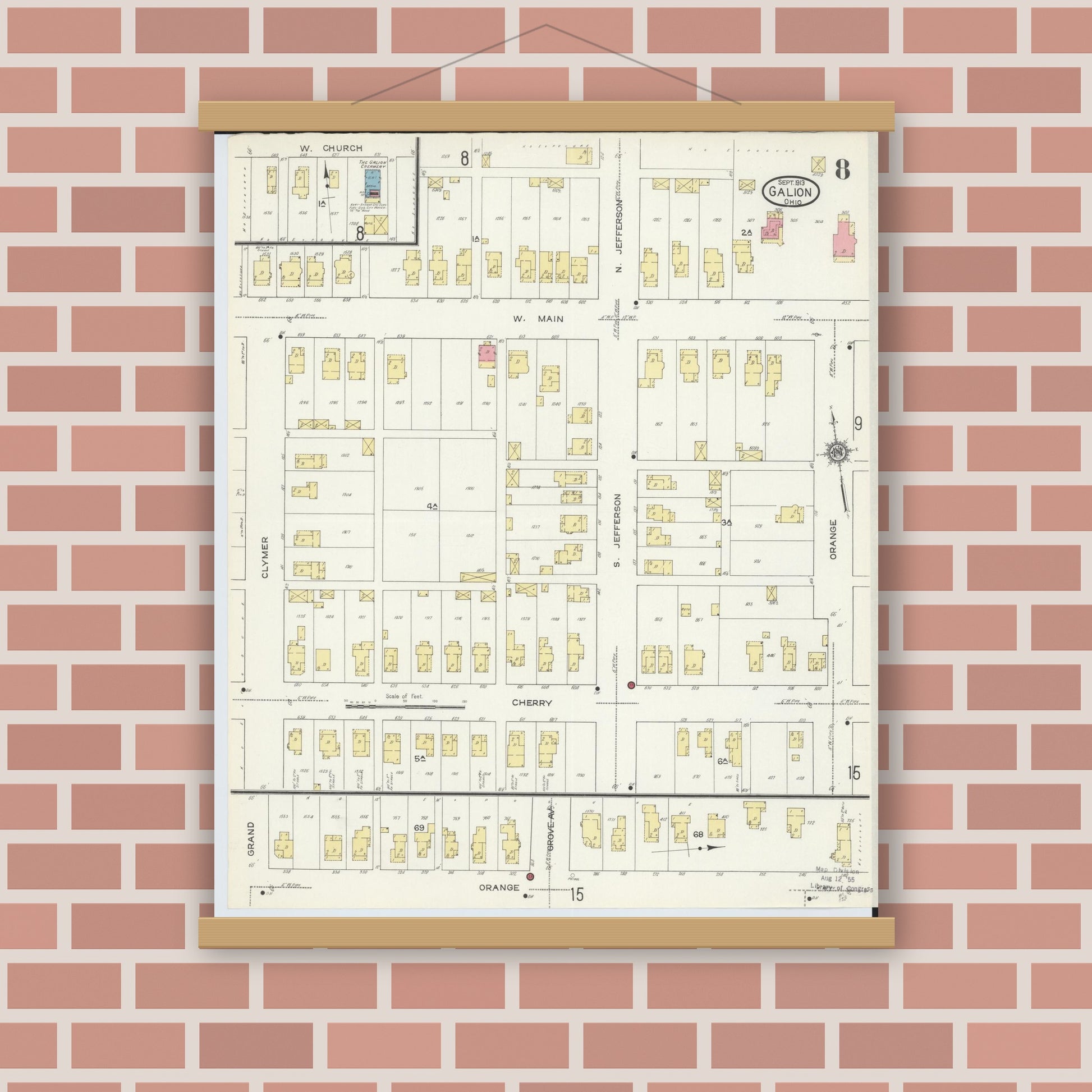 Old map wall art mockup — magnetic wood frame on brick wall — Sanborn Fire Insurance Map from Galion, Crawford County, Ohio (1913), Sheet #0008